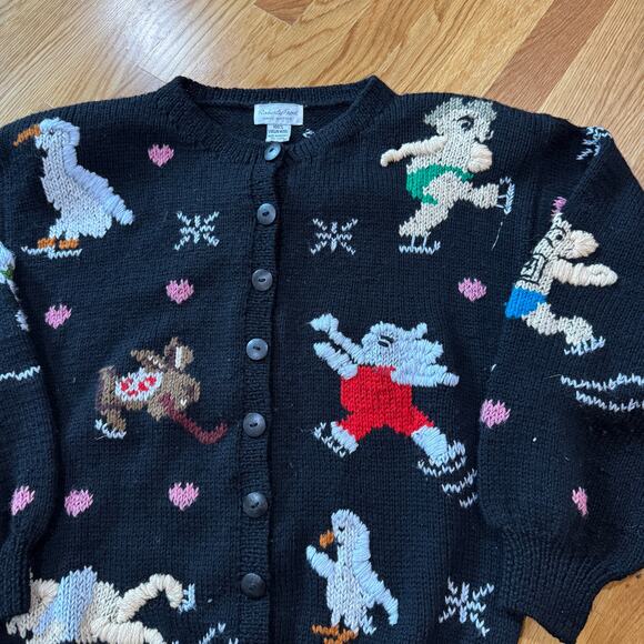Vintage Roberta Frost Handknit Wool Sweater M Black Skating Animals Cardigan - Picture 3 of 5